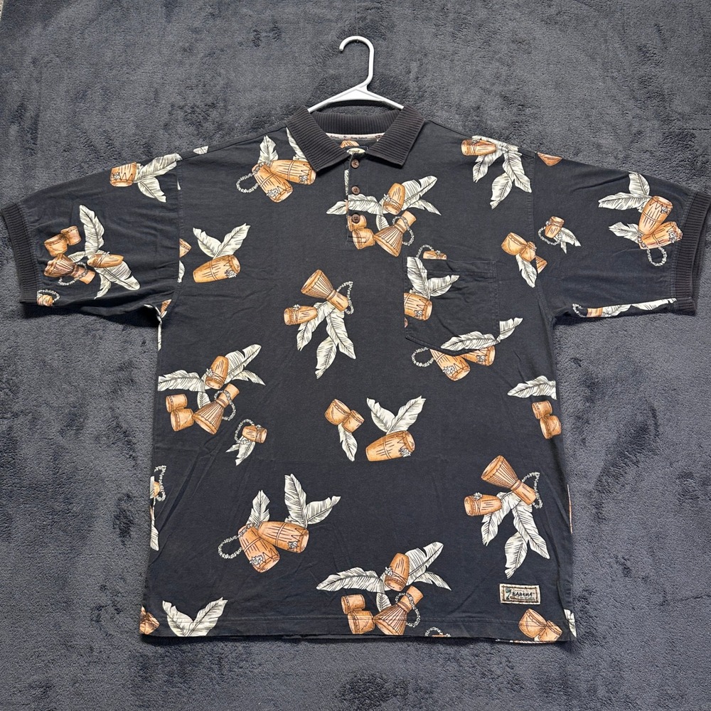 Tommy Bahama Polo Shirt Mens Large Black Bongo Drum Tropical Cotton Short Sleeve